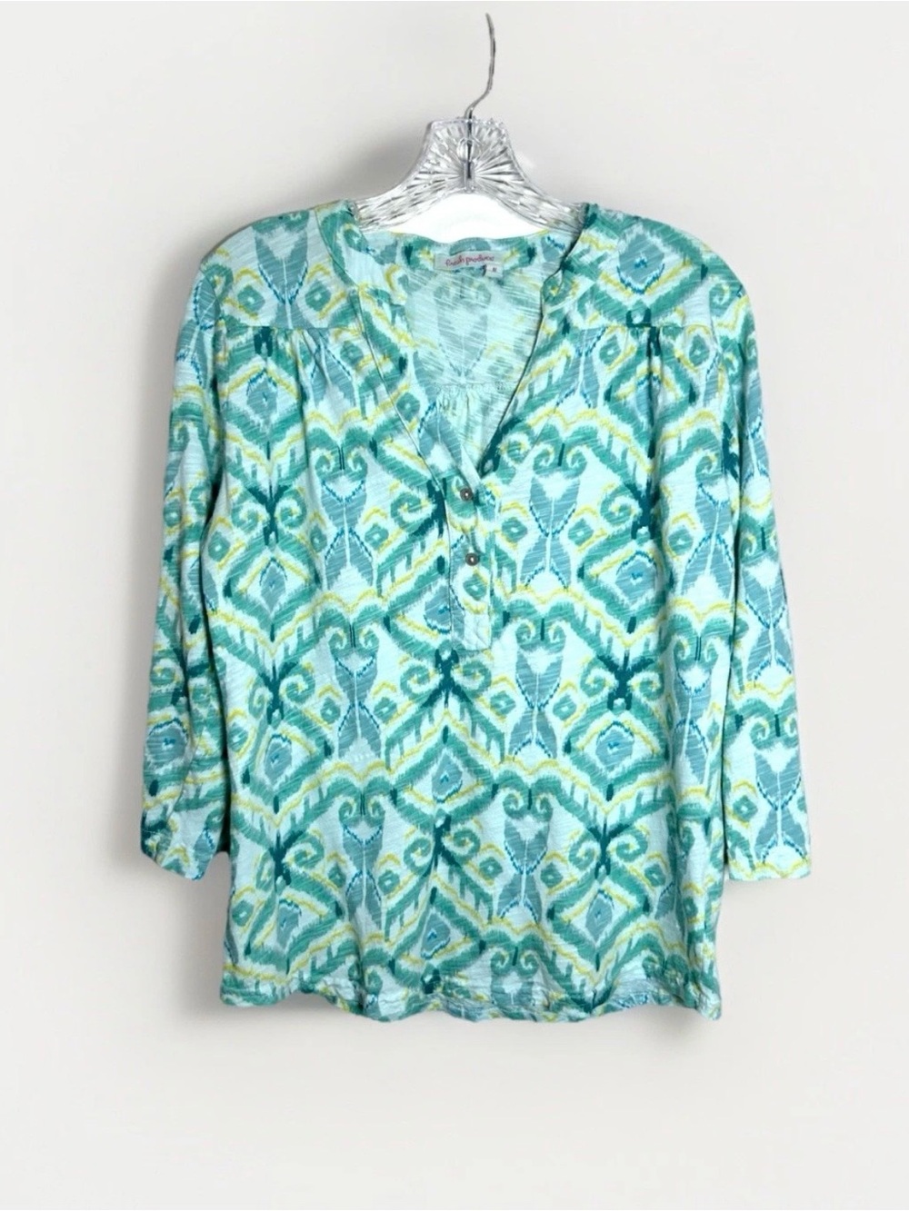 Fresh Produce M Top Henley Button Roll Tab Printed  Floral Coastal 100% Cotton